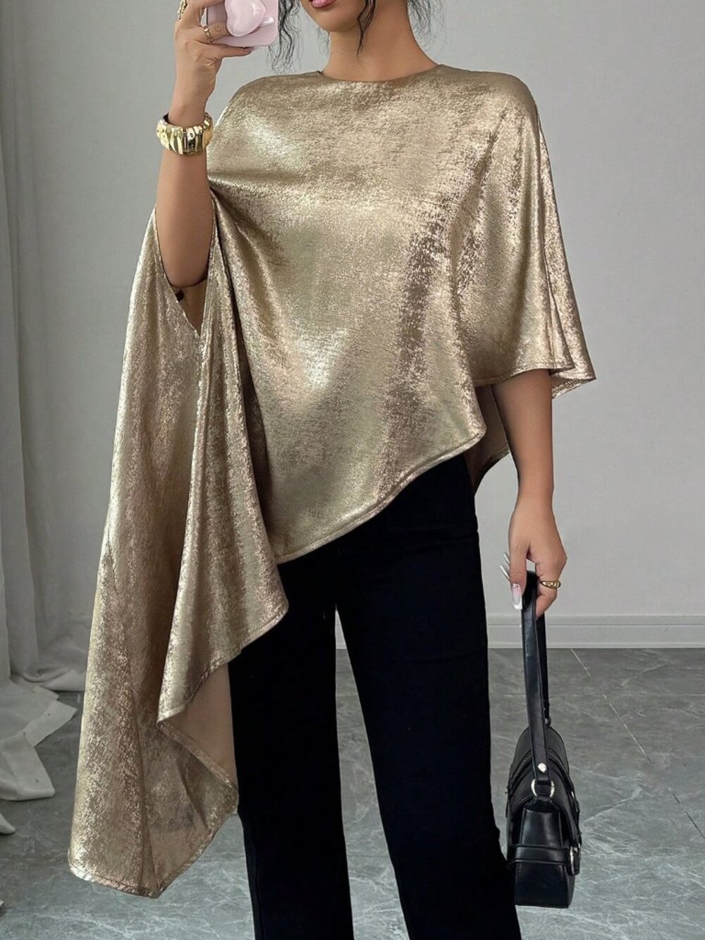 Gold Women's Elegant flowy asymmetrical blouse Top - Picture 3 of 6